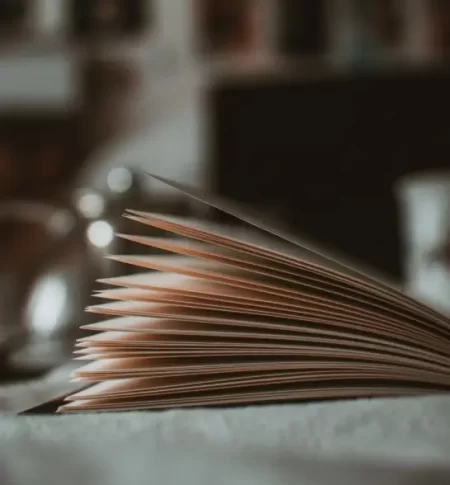 An open book resting on a wooden table, showcasing its pages and inviting readers to explore its content. The Novel View's Copyediting Services image.