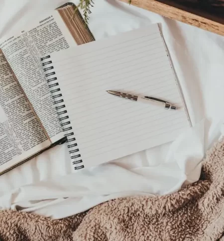 A writer's notebook lies open, surrounded by pens and inspiration. The Novel View's Line editing services image